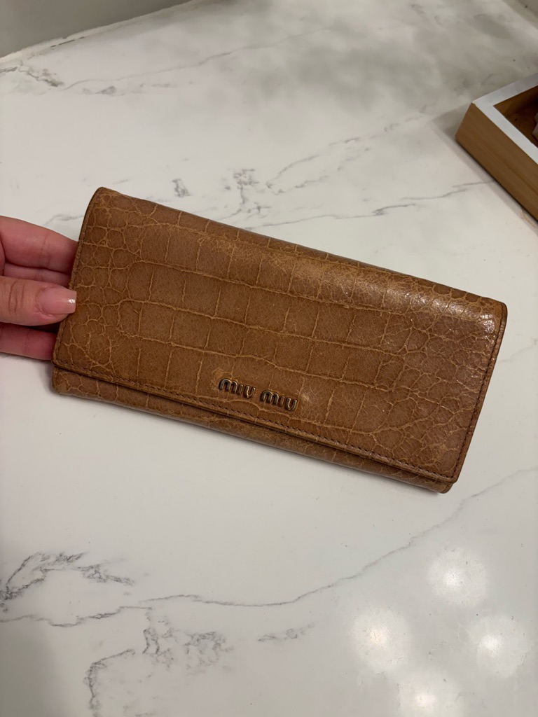 Miu Miu Croc-Embossed Leather Long Wallet In Tan Brown